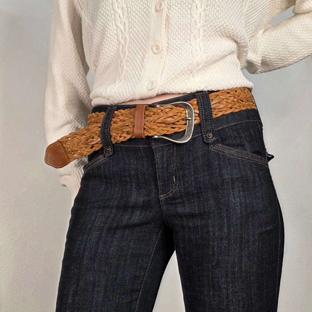 Calvin Klein Woven Leather Belt Cognac Brown Silver Buckle Boho Western Cowgirl